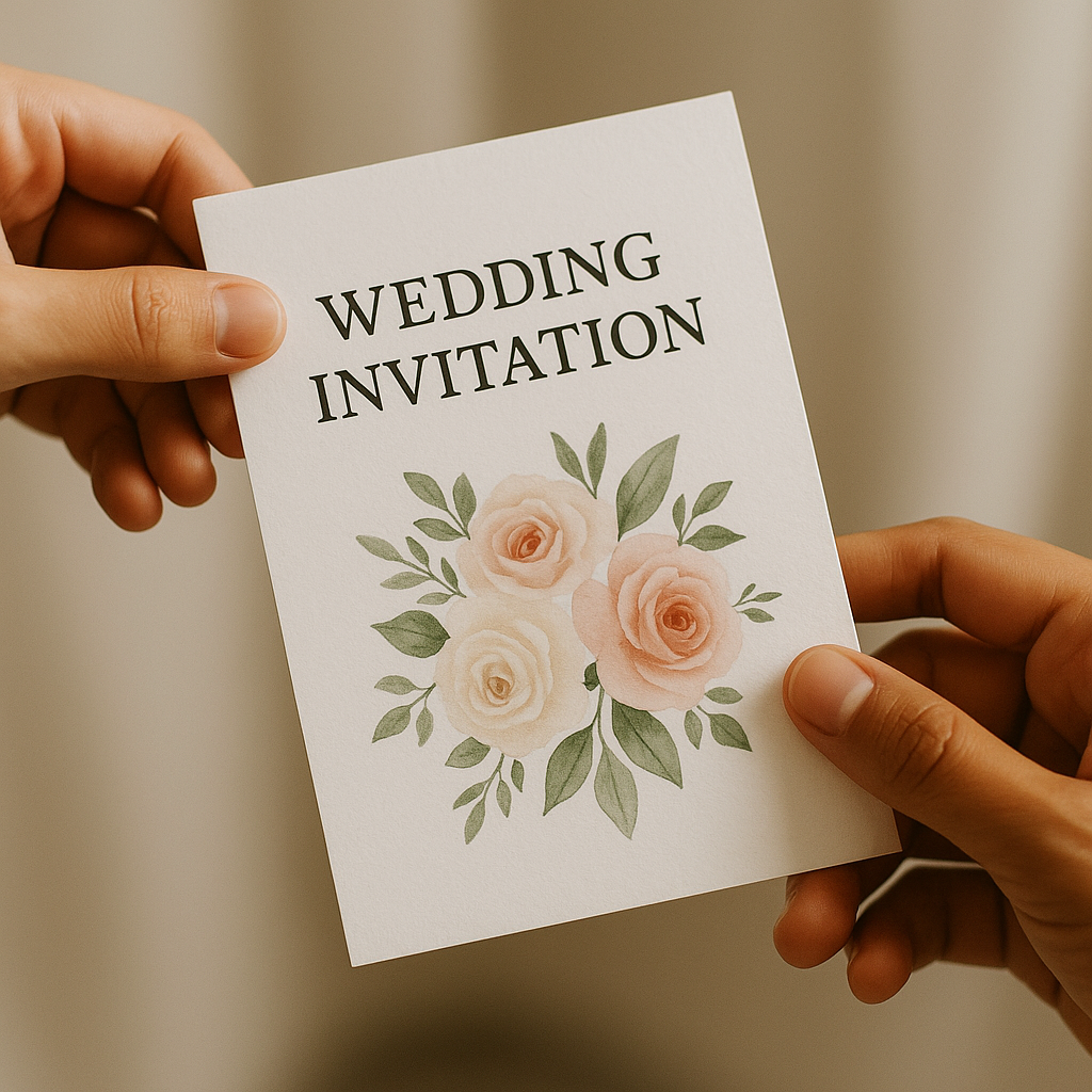 Invitada recibiendo una tarjeta de invitación a una boda.