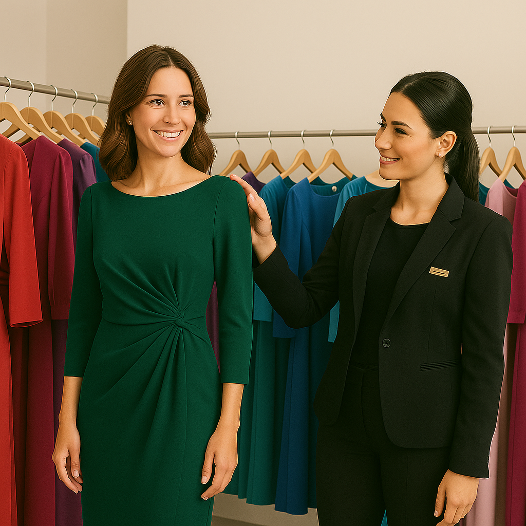 Invitada en probadores de tienda con asesora. 